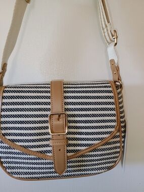 Time and Tru Black-and-White Striped Crossbody with Tan Trim